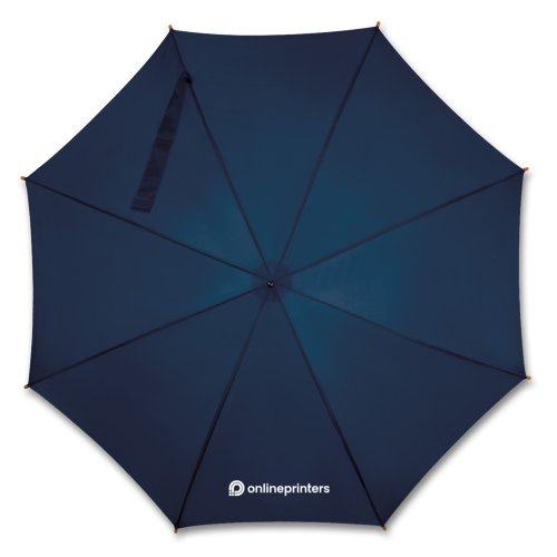 Parapluie droit automatique bleu fonc avec poigne en bois.