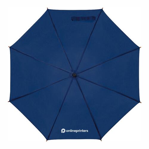 Parapluie droit automatique bleu fonc� avec poign�e en bois.