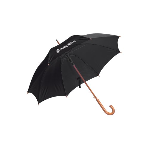 Parapluie automatique noir en bois avec poigne courbe.