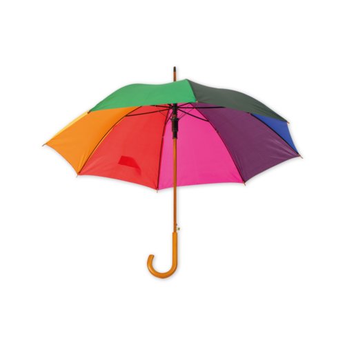 Parapluie automatique multicolore en bois avec poigne courbe.