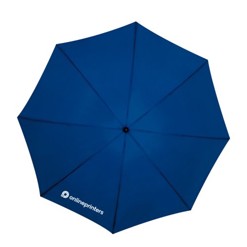 Parapluie tempte bleu fonc avec armature robuste.