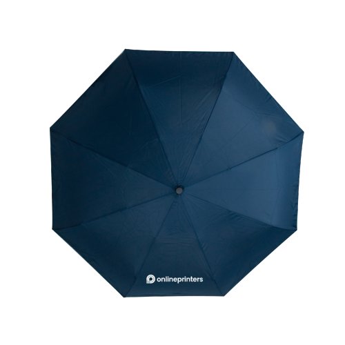 Parapluie pliant automatique bleu fonc avec housse et poigne.
