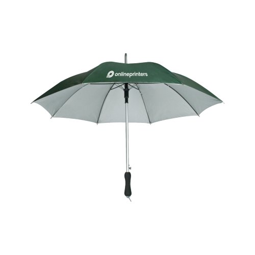 Parapluie automatique vert avec grand diamtre et poigne robuste.