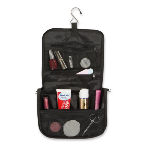 Trousse de toilette noire avec crochet de suspension et plusieurs compartiments.