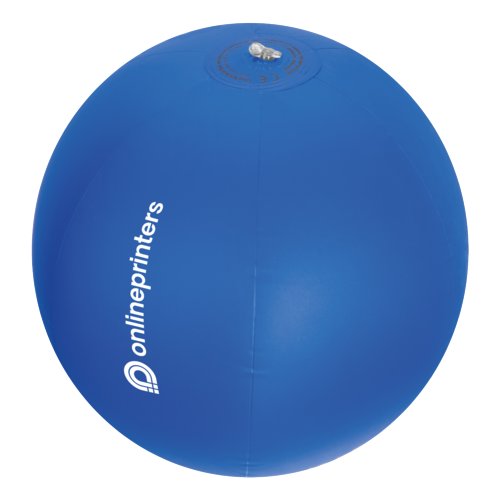 Ballon de plage bleu en plastique avec valve gonflable.