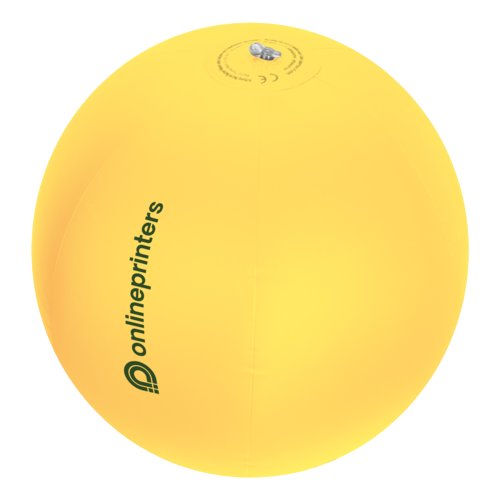 Ballon de plage en plastique jaune avec valve gonflable.