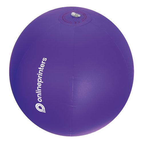 Ballon de plage violet en plastique avec valve gonflable.