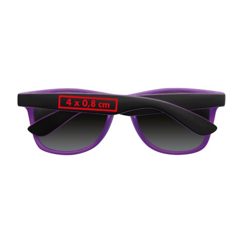 Lunettes de soleil en plastique violet avec verres foncs.