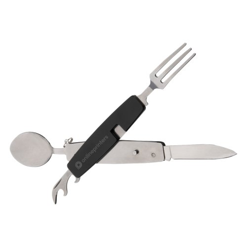 Ensemble de couverts de camping en mtal noir avec couteau, fourchette, cuillre et ouvre-bouteille.