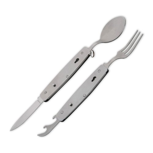 Couverts de camping noirs en mtal avec couteau, fourchette, cuillre et dcapsuleur.