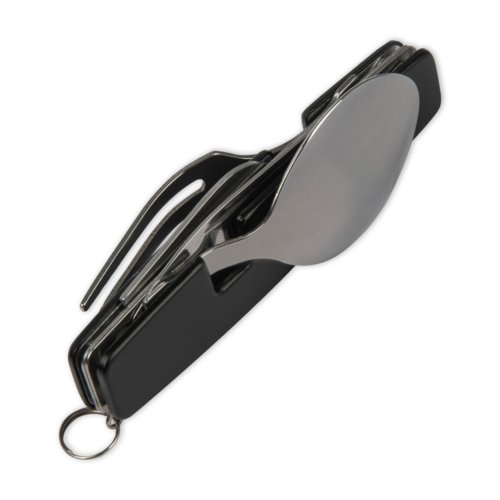 Couverts de camping noirs en mtal avec couteau, fourchette et cuillre pliants.