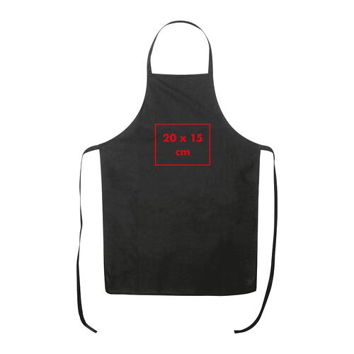 Tablier noir en coton avec tour de cou et longues lanières.