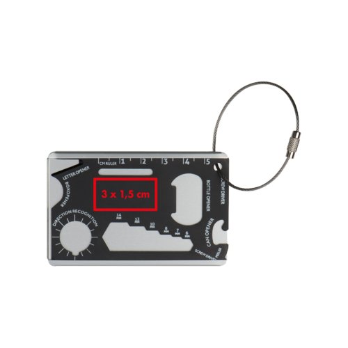 tiquette de bagage en aluminium avec fonctions d'outil et cble mtallique.