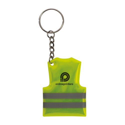 Porte-cls en plastique jaune en forme de gilet de scurit avec anneau en mtal.