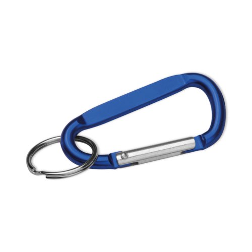 Porte-cls en mtal bleu avec mousqueton et anneau.