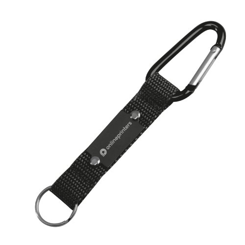 Porte-cls noir en tissu avec mousqueton et anneau.