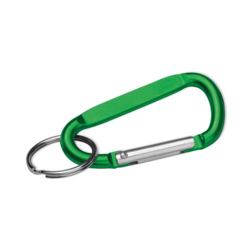 Porte-cls en mtal vert avec mousqueton et anneau.