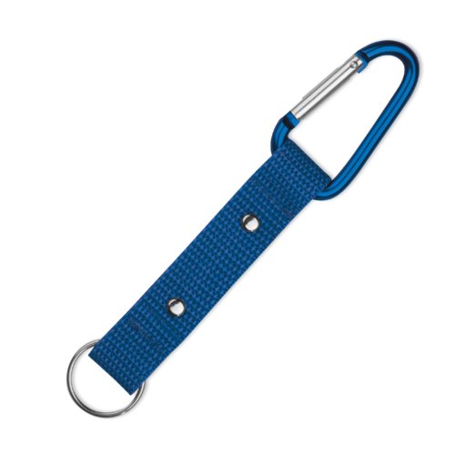 Porte-cls bleu en tissu avec mousqueton et anneau mtallique.