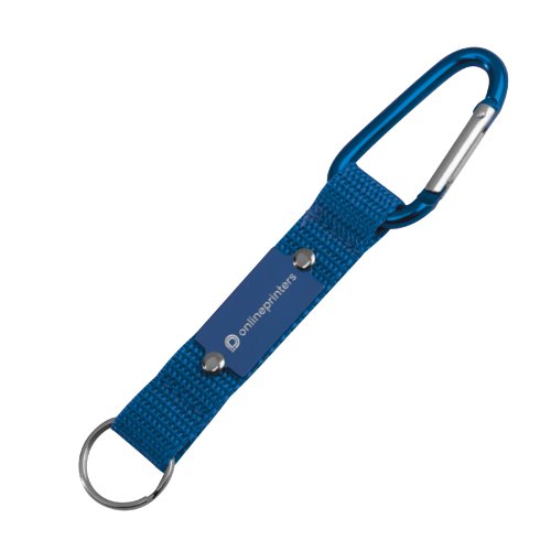 Porte-cls textile bleu avec mousqueton et anneau.