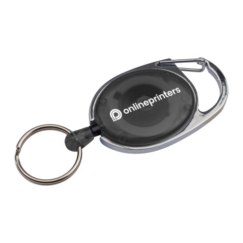 Porte-cls noir avec clip, cordon rtractable et anneau.