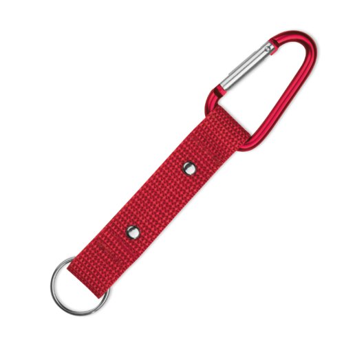 Porte-cls rouge en textile avec mousqueton et anneau en mtal.