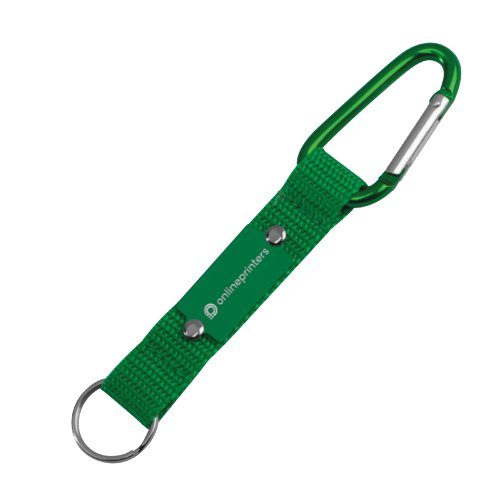 Porte-cls vert en tissu avec mousqueton et anneau.