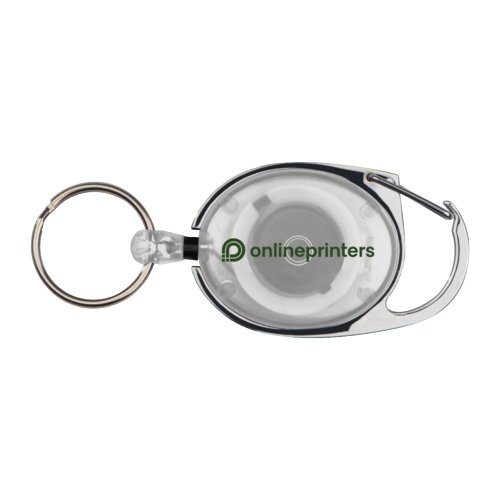 Mousqueton blanc avec anneau et clip pour fixation variable.