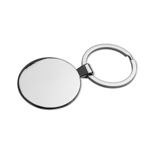 Porte-cls en mtal gris avec motif et anneau.