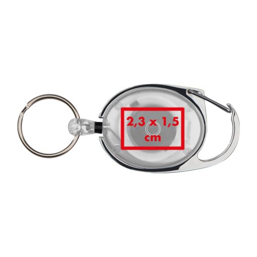 Porte-cls en plastique transparent avec clip et cordon rtractable.