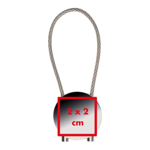 Porte-cls en mtal avec pendentif rond et cble mtallique.