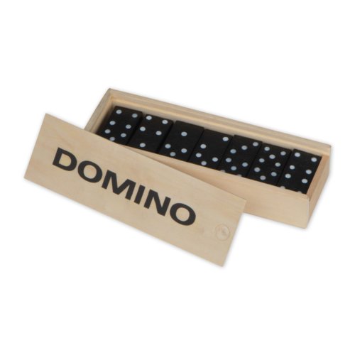 Jeu de dominos en bois dans une bote en bois avec couvercle coulissant.