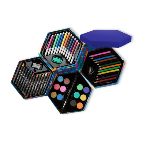 Set de dessin avec crayons, peintures et accessoires dans une bote.