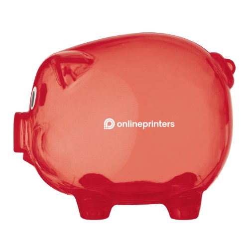 Tirelire cochon rouge en plastique avec fente  monnaie et fermeture.