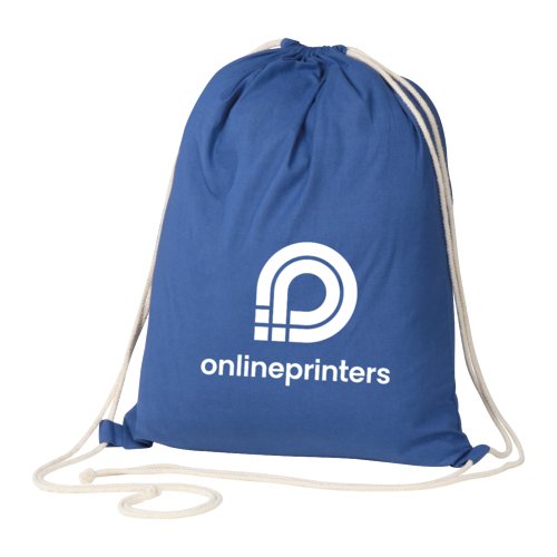 Sac de sport bleu en coton avec cordon de serrage.