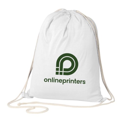 Sac de sport en coton blanc avec cordon de serrage.