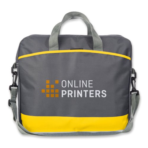 Sacoche jaune pour ordinateur portable en tissu avec poign�es et bandouli�re.