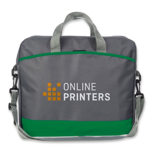 Sacoche verte en tissu pour ordinateur portable avec poign�es et bandouli�re.