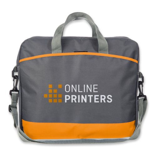 Sacoche orange pour ordinateur portable avec poign�es et bandouli�re.