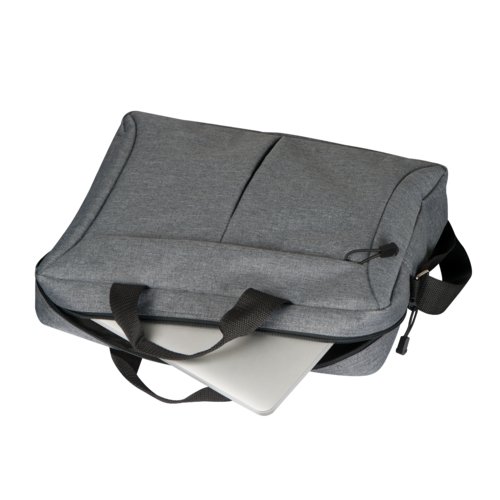 Sacoche grise pour ordinateur portable avec fermeture clair et poignes.