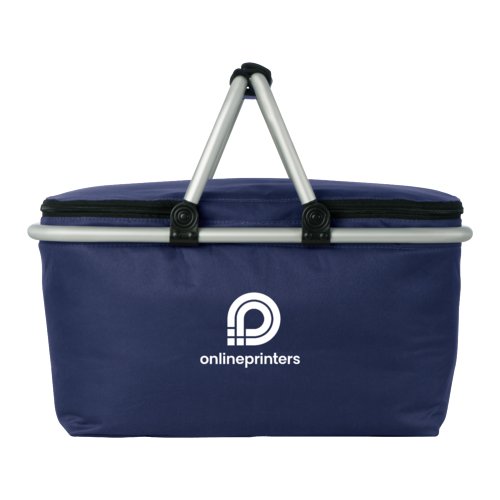 Panier de courses bleu fonc avec fonction de refroidissement et poignes de transport.