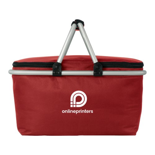 Panier de courses rouge avec fonction de refroidissement et poignes.