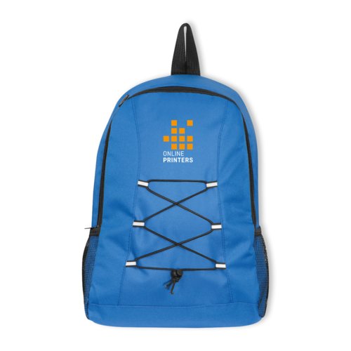 Sac � dos bleu en tissu avec fermeture � cordon et poches lat�rales en filet.