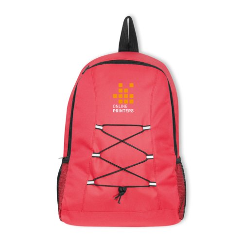 Sac � dos rouge avec fermeture � cordon et poche ext�rieure.