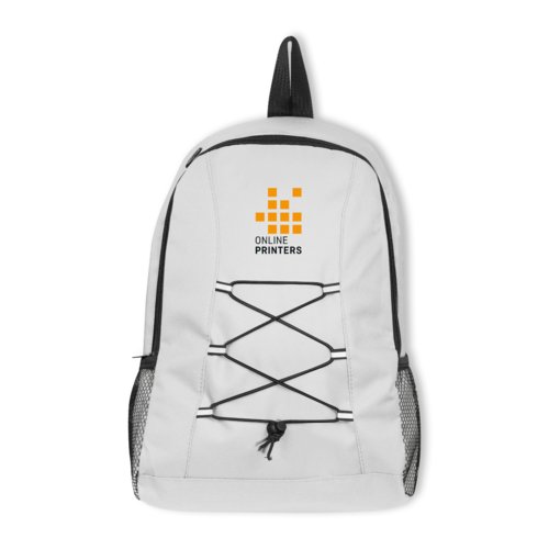 Sac � dos blanc en polyester avec cordon de serrage et poches lat�rales en filet.