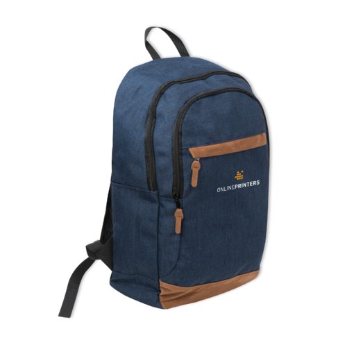 Sac � dos bleu en tissu avec compartiments zipp�s et bretelles r�glables.
