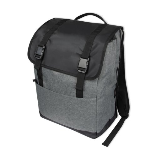 Sac  dos gris en tissu avec bretelles rglables et fermeture  boucle.