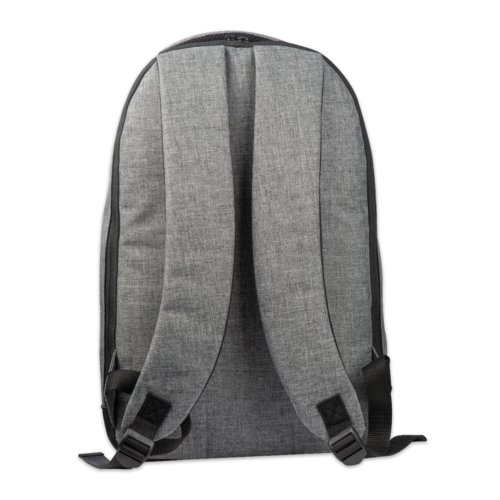 Sac  dos en tissu gris avec fermeture clair et bretelles rglables.