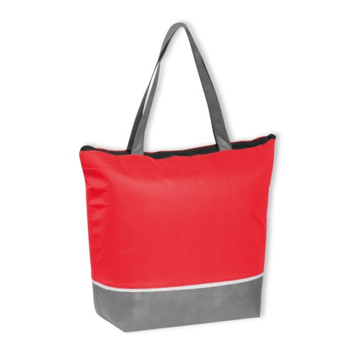 Sac isotherme rouge non tiss� avec fermeture �clair et poign�es de transport.