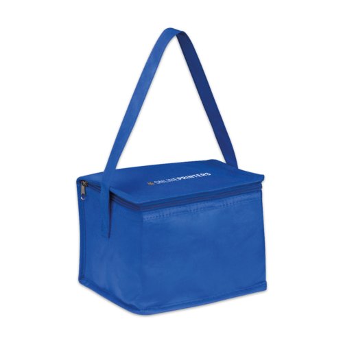 Sac isotherme bleu en non-tiss avec fermeture clair et poigne de transport.