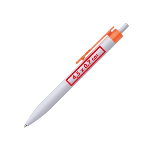 Stylo  bille en plastique blanc avec clip orange et mcanisme  poussoir.